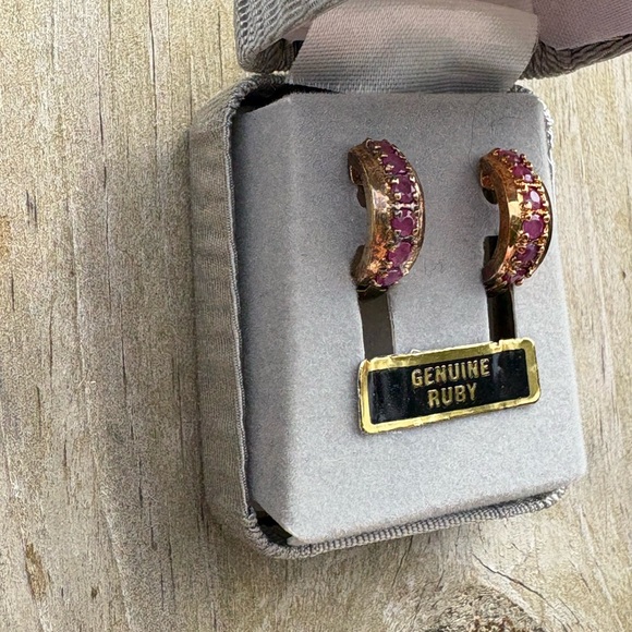 Genuine Ruby Gold Hoop Earrings - Picture 6 of 7